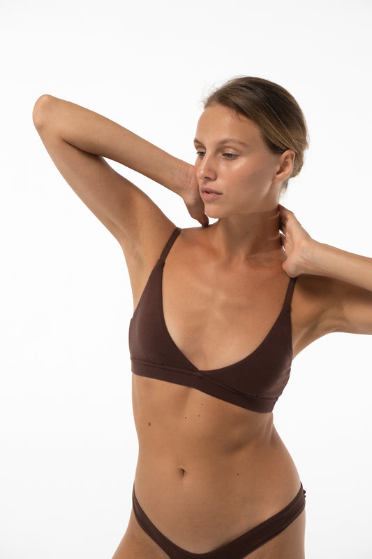 V-NECK COTTON BRALETTE ADJUSTABLE STRAPS BROWN
