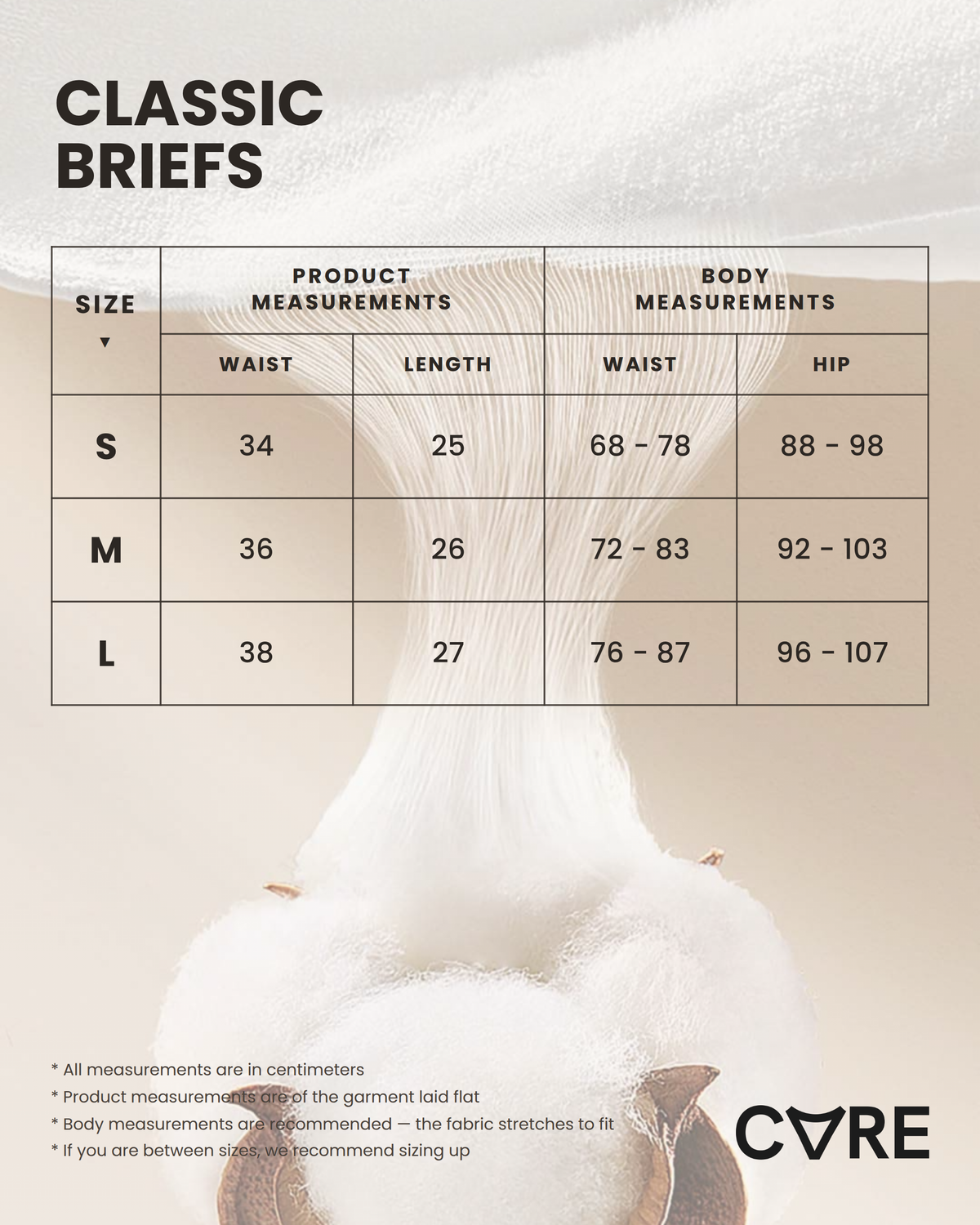 Classic Briefs size chart: product and body measurements for S, M, L — CARE