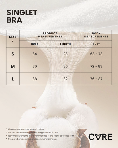 Singlet Bra size chart: product and body measurements for S, M, L — CARE