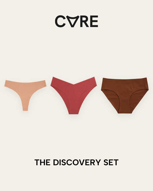 The Discovery Set: three seamless panties (thong, Brazilian, classic) in assorted colors — CARE